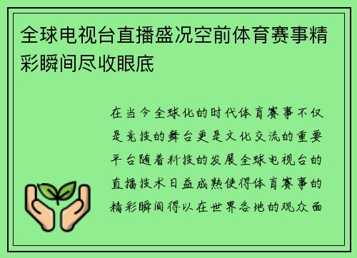 全球电视台直播盛况空前体育赛事精彩瞬间尽收眼底