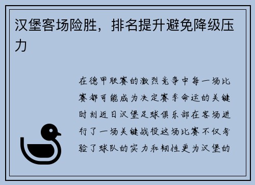 汉堡客场险胜，排名提升避免降级压力