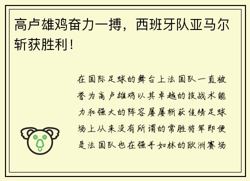 高卢雄鸡奋力一搏，西班牙队亚马尔斩获胜利！